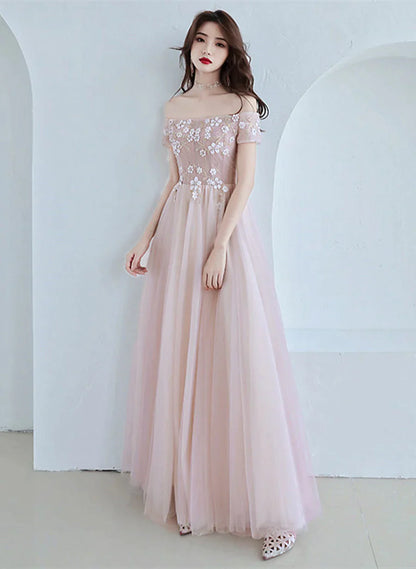 Pink Off Shoulder with Flowers A-line Prom Dress, Tulle Floor Length Party Dress