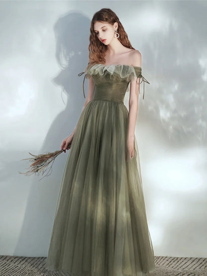 Green Off Shoulder Tulle Long Junior Prom Dress, Green Floor Length Party Dress