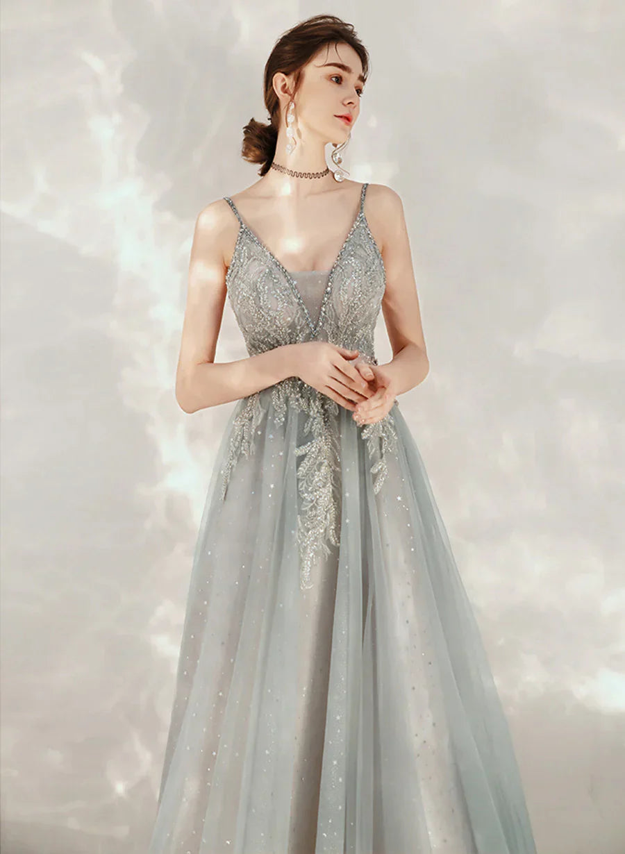 Tulle A-line Beaded Straps Long Party Dress, A-line Low Back Prom Dress