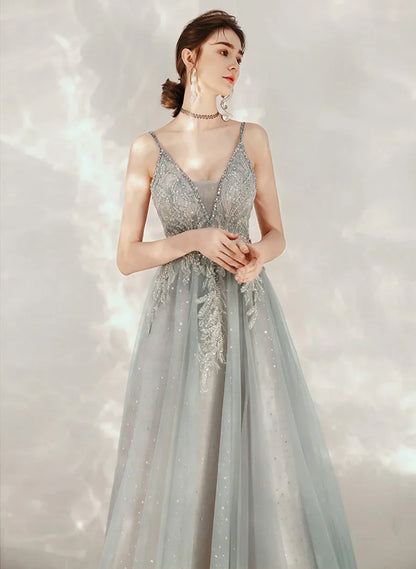 Tulle A-line Beaded Straps Long Party Dress, A-line Low Back Prom Dress