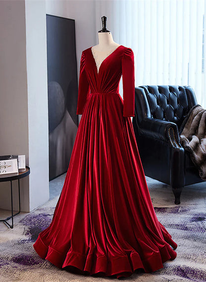 Wine Red Velvet Long Sleeves See Through Prom Dress, Wine Red Wedding Party Dress