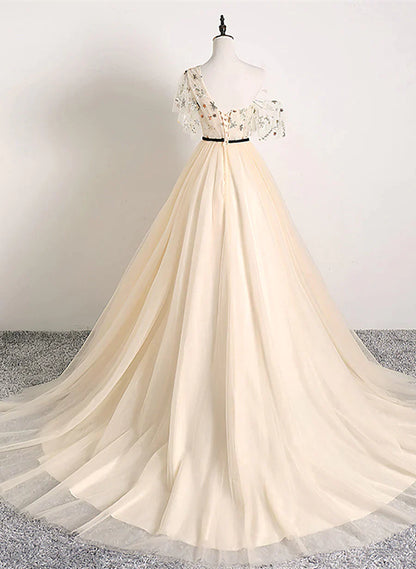 A-line Champagne One Shoulder Prom Dress, Long Party Dress