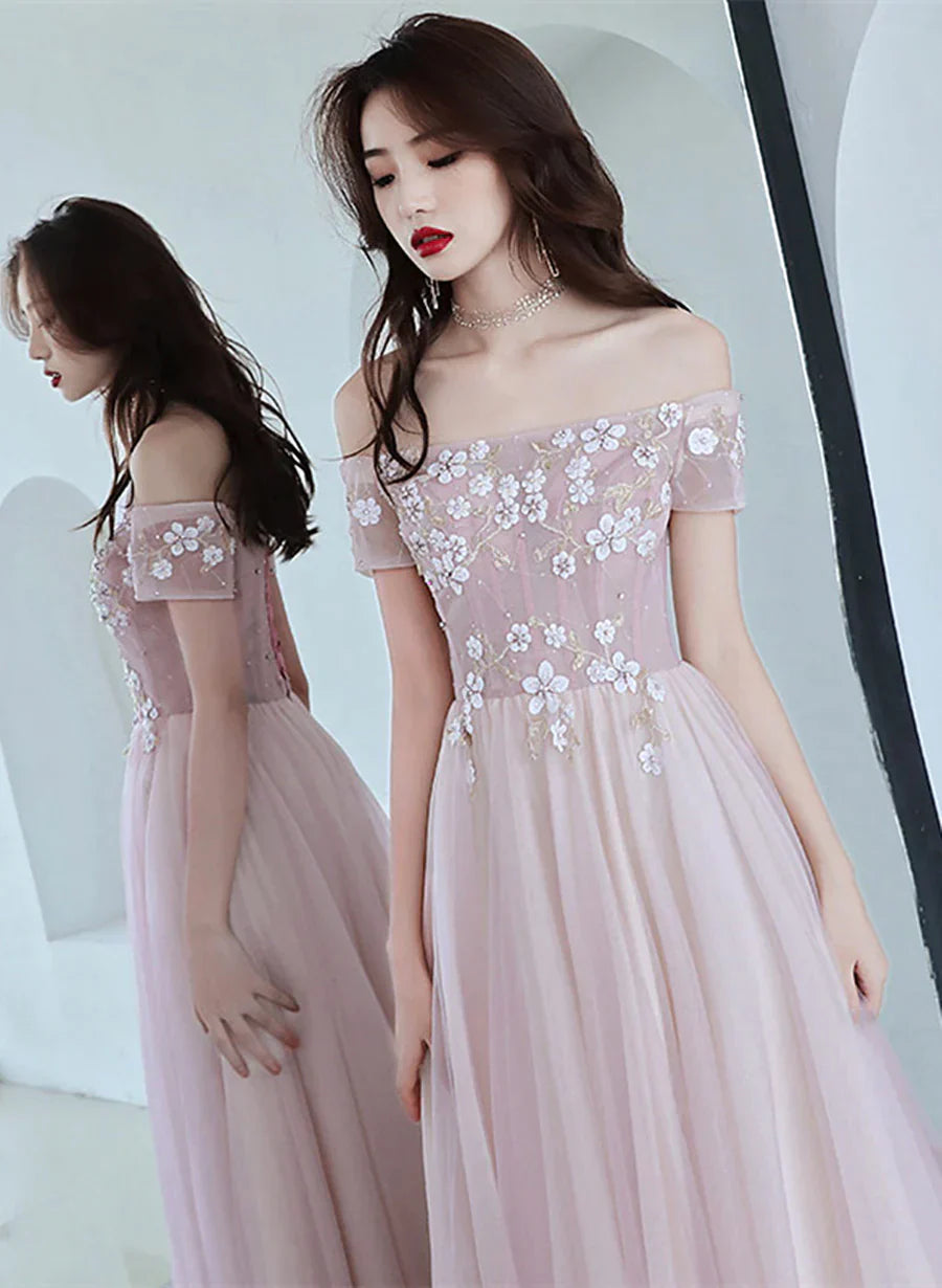 Pink Off Shoulder with Flowers A-line Prom Dress, Tulle Floor Length Party Dress