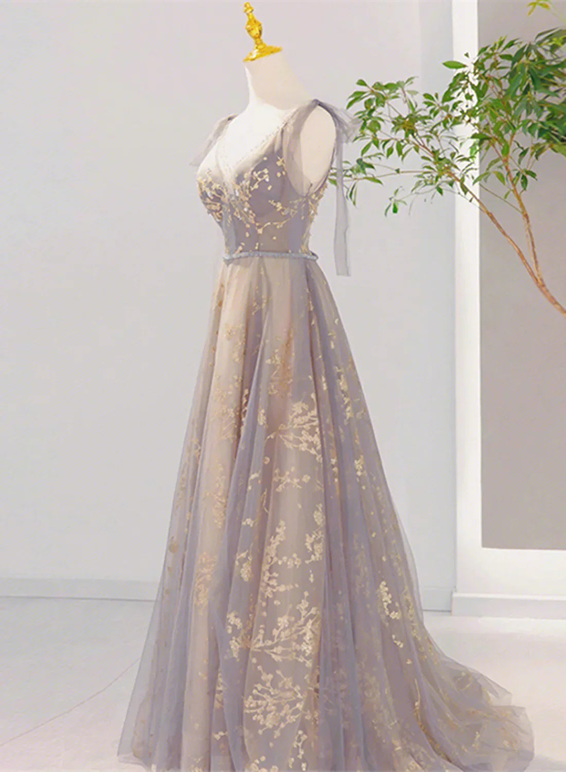 Beautiful V-neckline Lace-up Champagne and Grey Long Formal Dress, Tulle Prom Dress