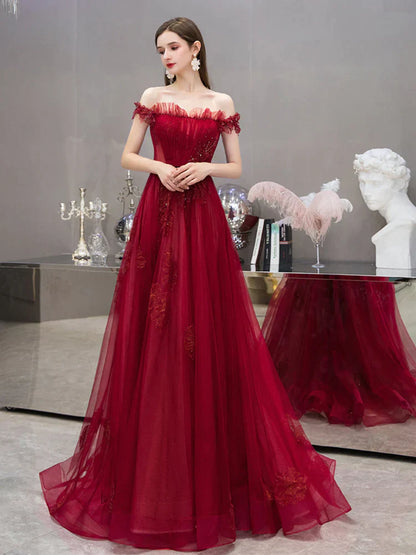 Wine Red Off Shoulder Tulle with Lace Long Formal Dress, Wine Red Prom Dress