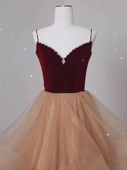 Lovely Champagne Tulle and Wine Red Velvet Straps Prom Dress, A-line Long Party Dress