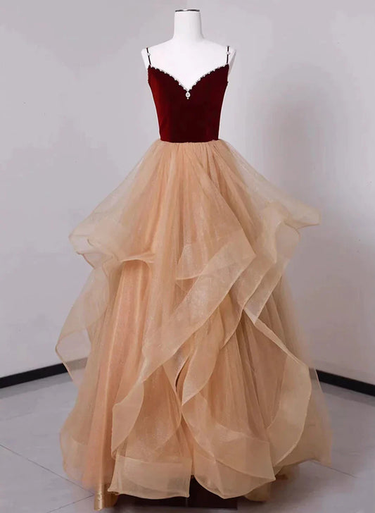 Lovely Champagne Tulle and Wine Red Velvet Straps Prom Dress, A-line Long Party Dress