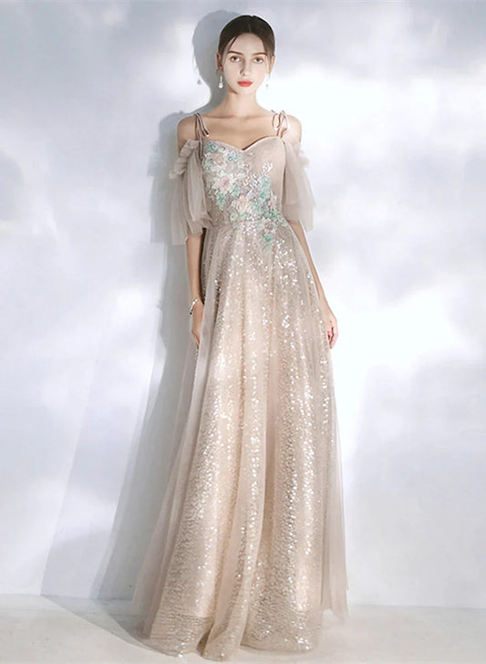 Light Champagne Sequins and Tulle A-line Prom Dress, Long Wedding Party Dress