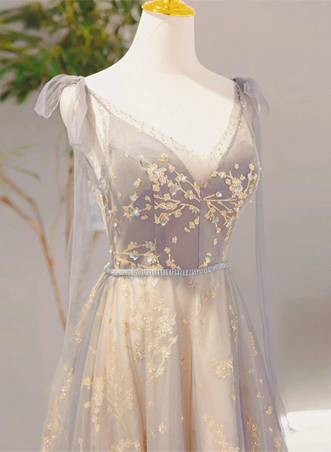 Beautiful V-neckline Lace-up Champagne and Grey Long Formal Dress, Tulle Prom Dress