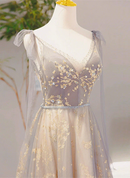 Beautiful V-neckline Lace-up Champagne and Grey Long Formal Dress, Tulle Prom Dress