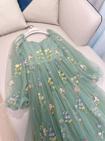 Green Long Sleeves Floral Tulle A-line Prom Dress, Green Evening Dress