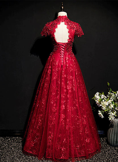 Wine Red Lace A-line Open Back Long Prom Dress, A-line Wine Red Formal Dress