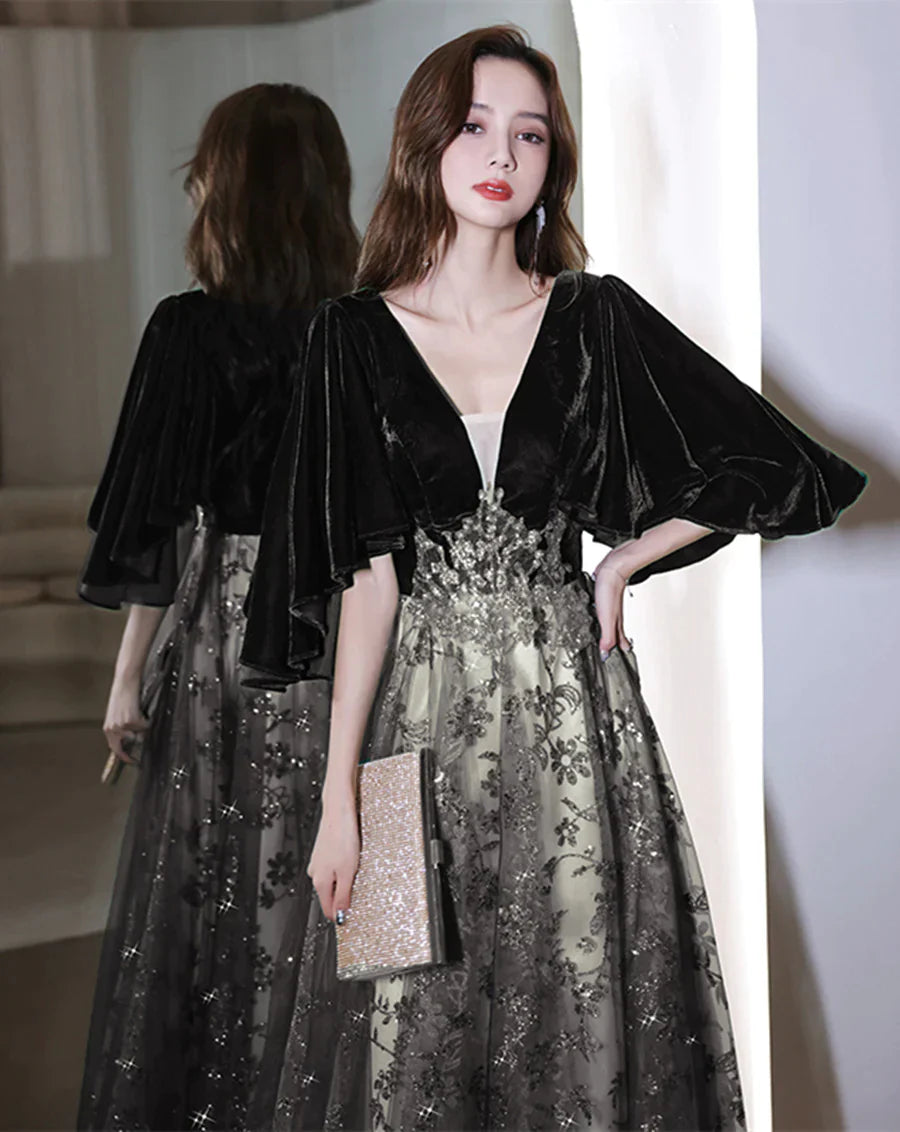 Black Tulle and Velvet Chic Long A-line Prom Dress, Black Formal Dress