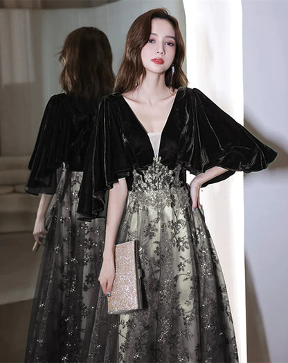 Black Tulle and Velvet Chic Long A-line Prom Dress, Black Formal Dress