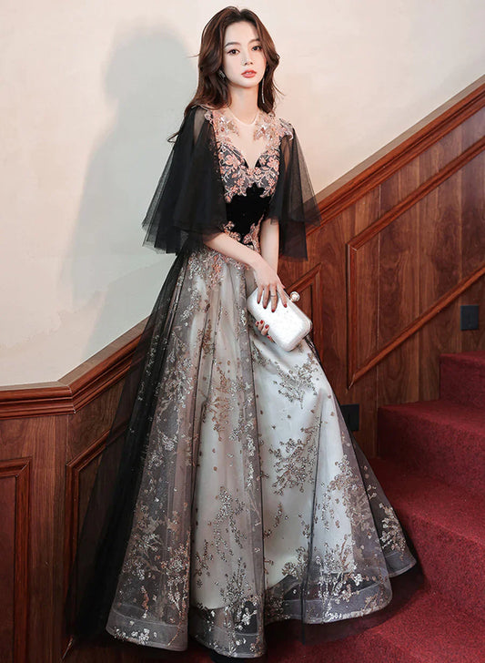 Black Velvet and Tulle with Lace Long Prom Dress, Black Formal Dress