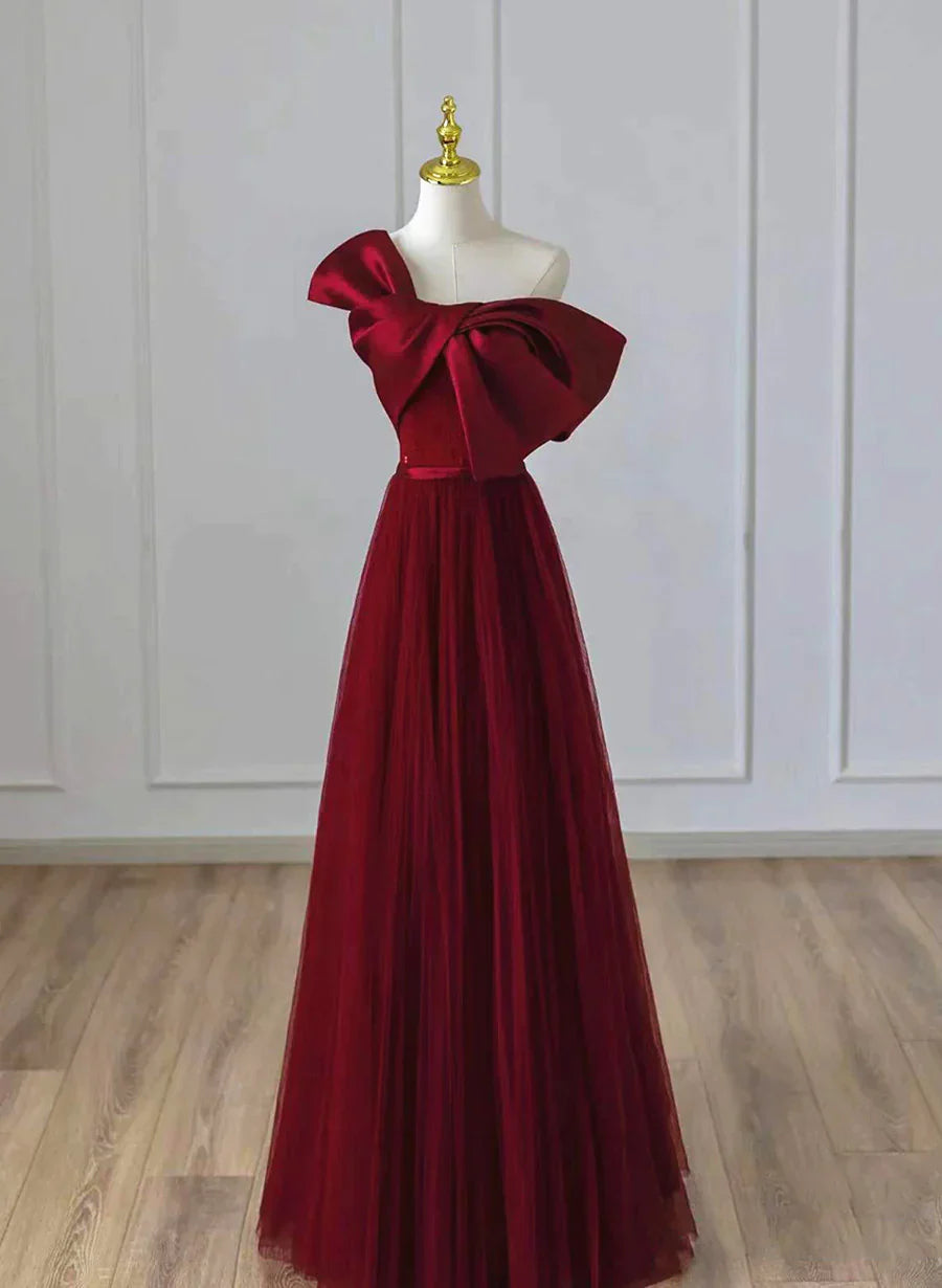 Wine Red Satin and Tulle A-line Simple Prom Dress, Floor Length Party Dress