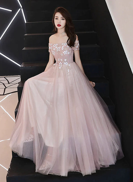 Pink Off Shoulder with Flowers A-line Prom Dress, Tulle Floor Length Party Dress