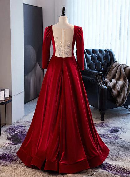 Wine Red Velvet Long Sleeves See Through Prom Dress, Wine Red Wedding Party Dress