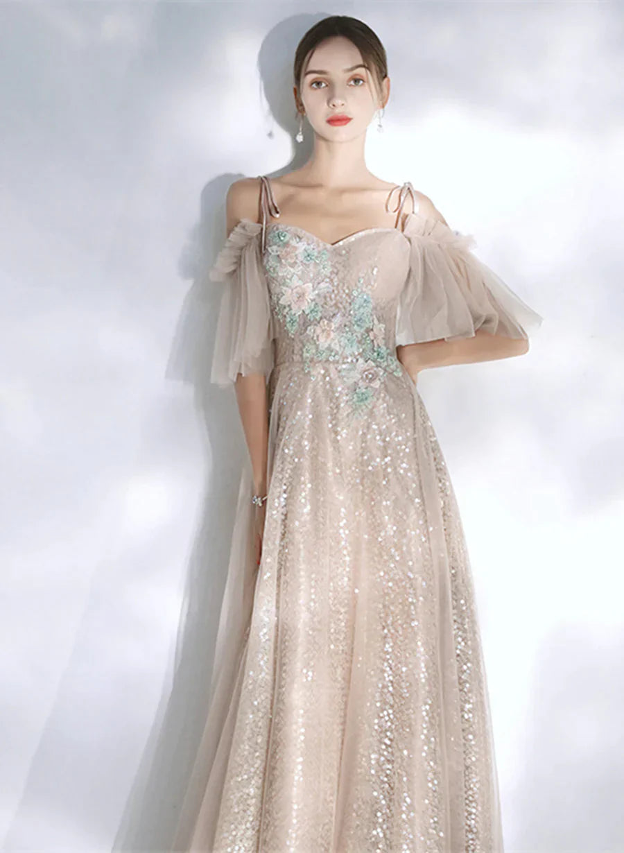 Light Champagne Sequins and Tulle A-line Prom Dress, Long Wedding Party Dress
