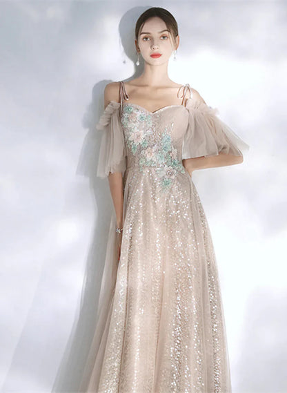 Light Champagne Sequins and Tulle A-line Prom Dress, Long Wedding Party Dress