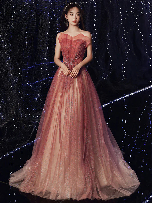 Red Gradient Beaded Beautiful Shiny Tulle Prom Dress, Long A-line Formal Dress