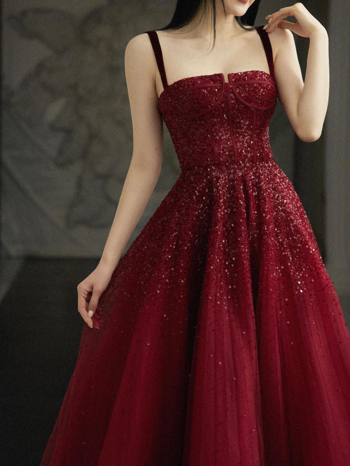 Burgundy Prom Dresses A line Straps Tulle Evening Dresses P1081