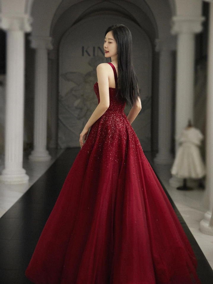 Burgundy Prom Dresses A line Straps Tulle Evening Dresses P1081