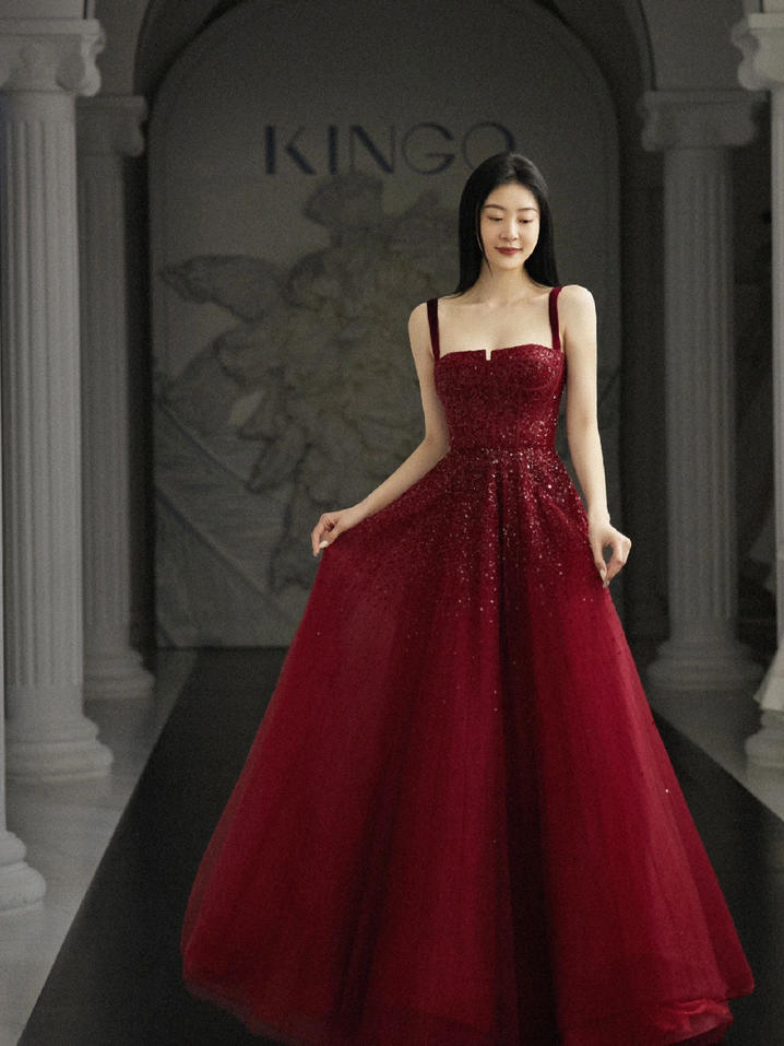 Burgundy Prom Dresses A line Straps Tulle Evening Dresses P1081