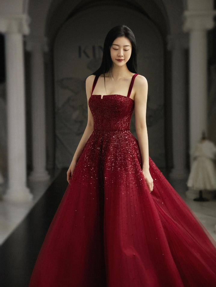 Burgundy Prom Dresses A line Straps Tulle Evening Dresses P1081
