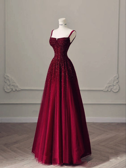 Burgundy Prom Dresses A line Straps Tulle Evening Dresses P1081
