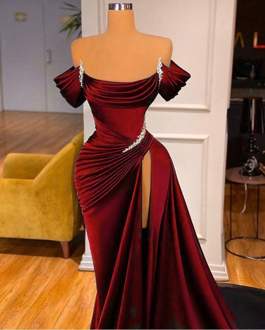 Mermaid Strapless Red Long Slit Prom Dress Evening Dresses P1092