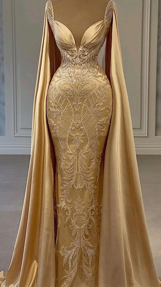 Simple Mermaid Floor Length Sleeveless Gold Satin Prom Dress P1172