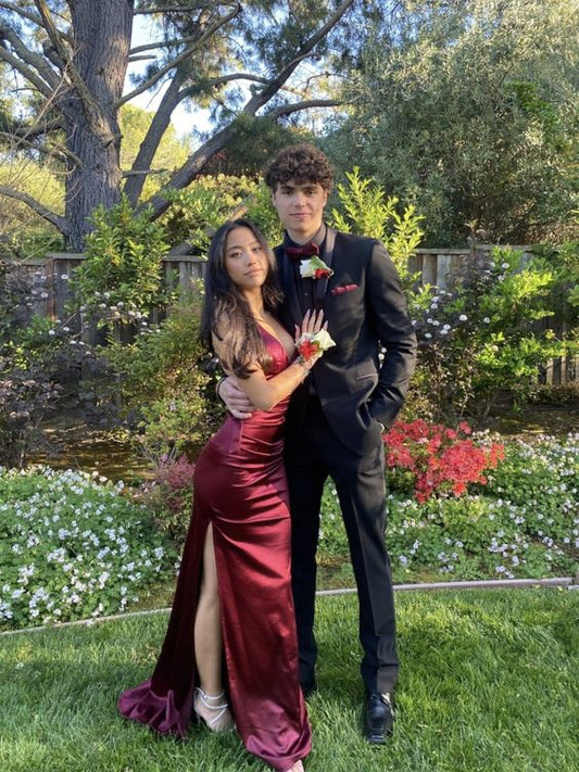 Simple Mermaid Long Burgundy Slit Prom Dress P1455