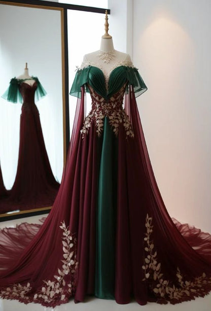 Vintage A Line High Neckline Tulle Burgundy Prom Dress P1463