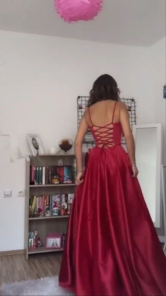 Vintage A Line Straps Floor Length Red Prom Dresses P1484