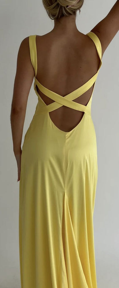 Simple Mermaid Straps Yellow Backless Long Prom Dress P1669
