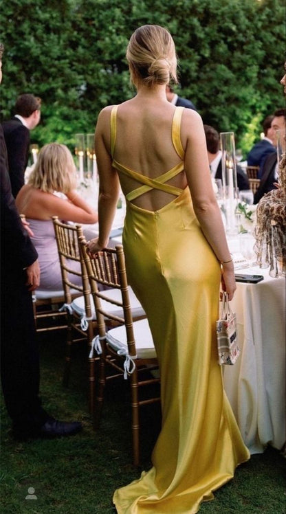 Simple Mermaid Straps Yellow Backless Long Prom Dress P1669