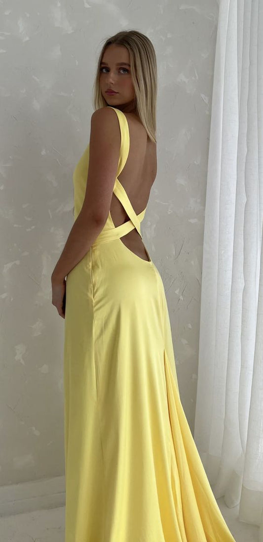 Simple Mermaid Straps Yellow Backless Long Prom Dress P1669