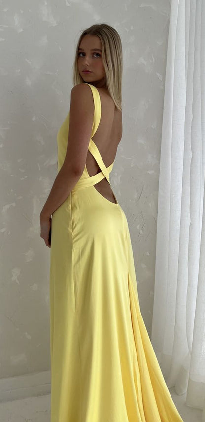 Simple Mermaid Straps Yellow Backless Long Prom Dress P1669