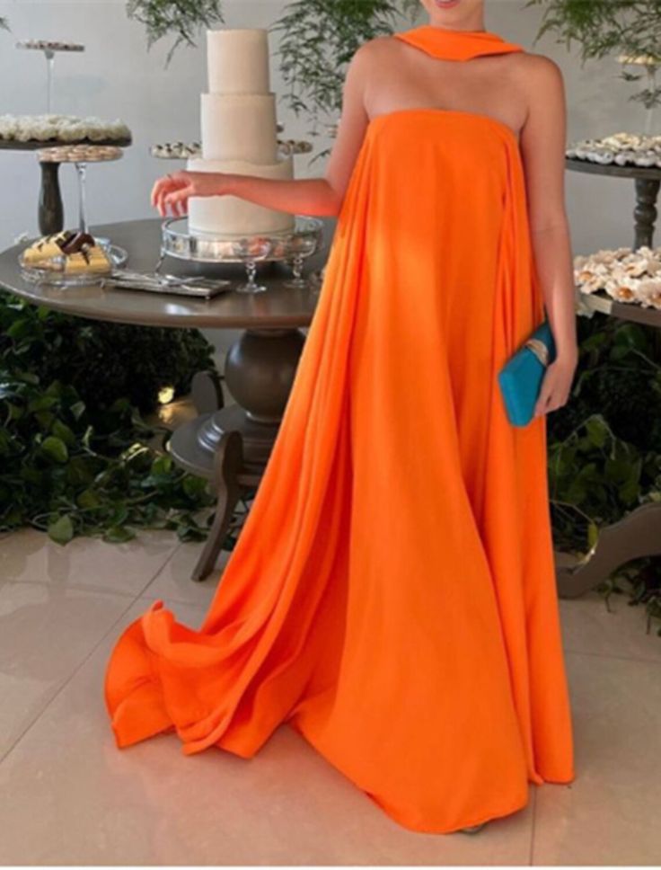 Sexy A line Strapless Chiffon Organge Long Prom Dresses P1808