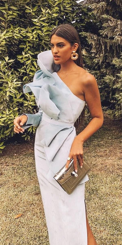 Sexy Sheath One Shoulder Light Sky Blue Long Prom Dresses P1811