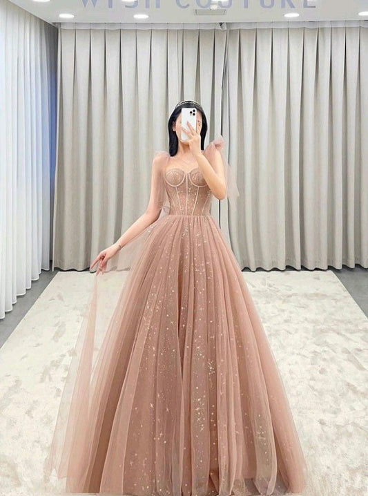 Fairy A Line Straps Pink Tulle Prom Dresses For Teens P1931
