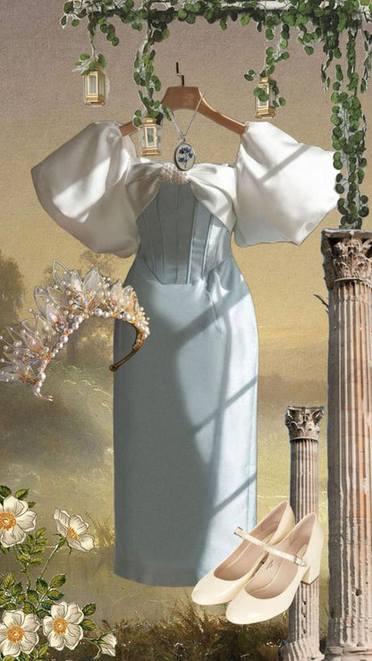 Vintage Sheath Light Sky Blue Satin Prom Dresses Evening Dress P1956
