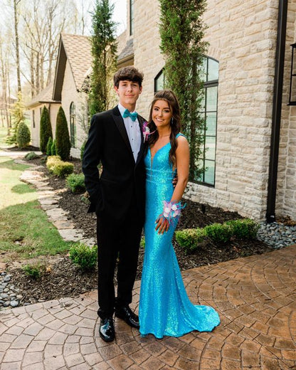 Sexy Mermaid V neckline Blue Sequin Prom Dresses Evening Dress P1995