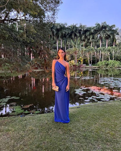 Simple Sheath One Shoulder Royal Blue Long Prom Dresses Evening Dress P2003