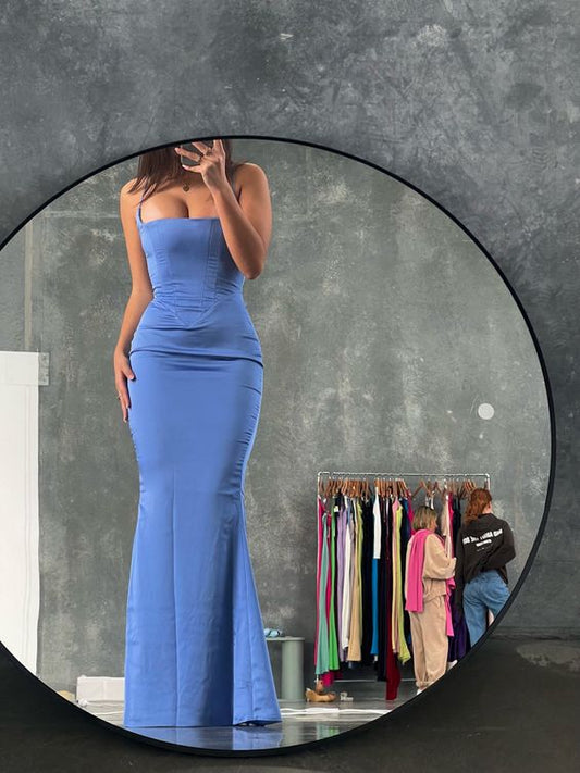 Simple Mermaid Straps Blue Long Prom Dresses Evening Dress P2004