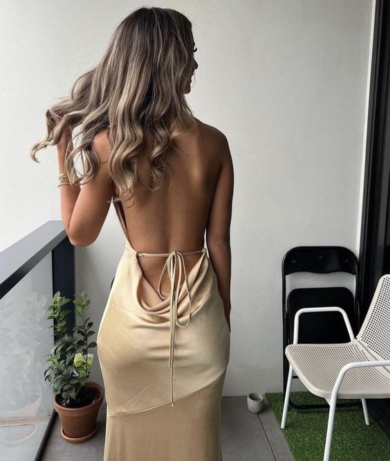 Sexy Sheath Straps Backless Champagne Prom Dresses Evening Dress P2007