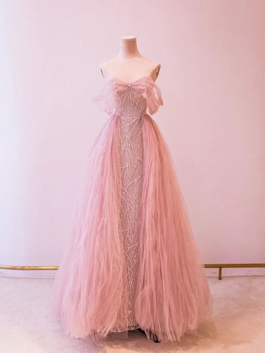 Princess Pink Tulle Prom Dresses Sequin Evening Dress P2030