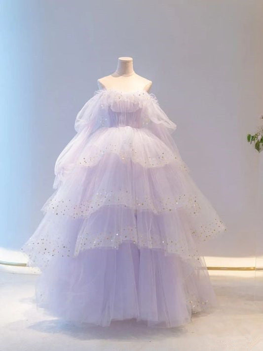 Ball Gown Off The Shoulder Tulle Lilac Prom Dresses Evening Dress P2033