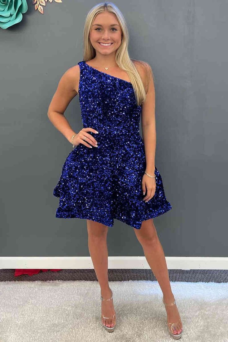 Simple A line Short Royal Blue Sequins Homecoming Dress P2287